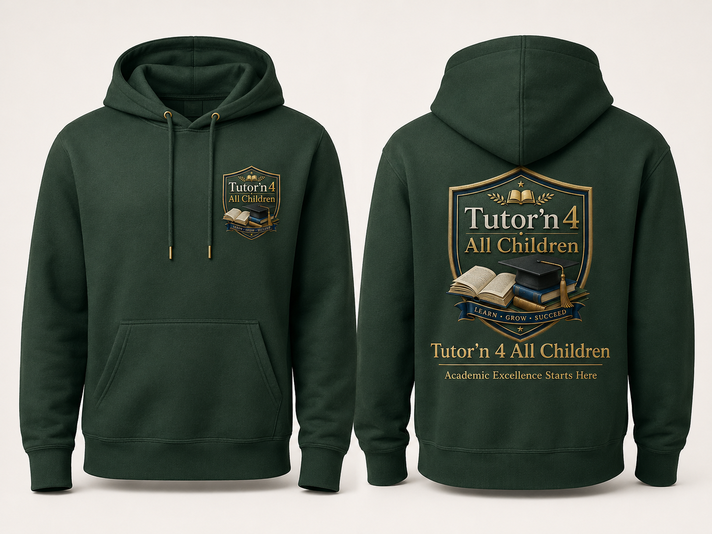 Forest green pullover hoodie with Tutor'n 4 All Children crest