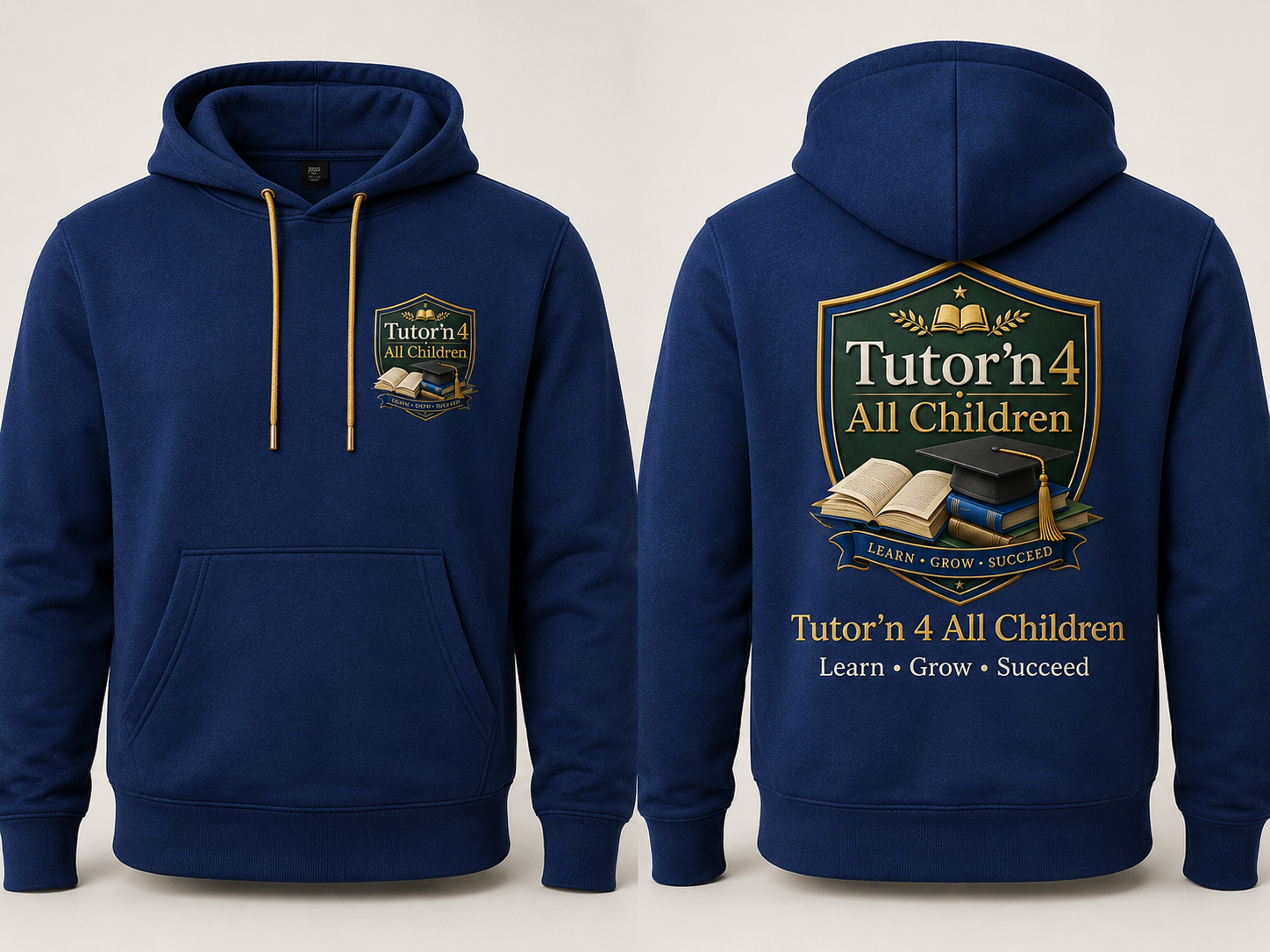 Navy pullover hoodie with Tutor'n 4 All Children crest