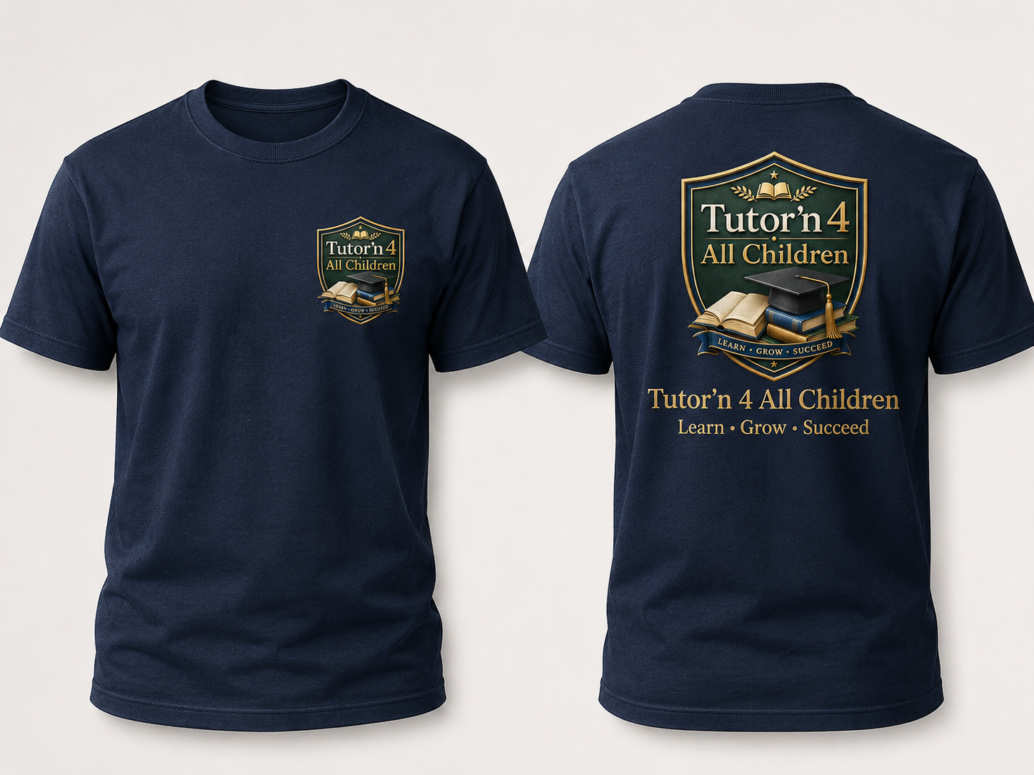 Navy crew tee with Tutor'n 4 All Children crest