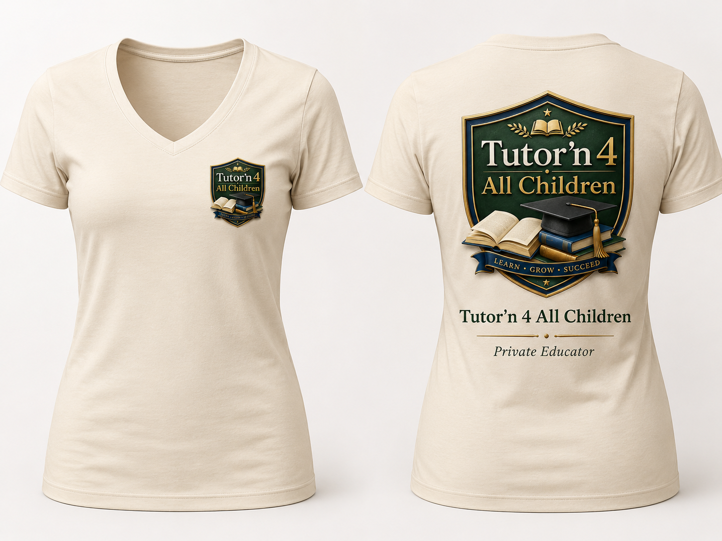 Natural women's V-neck tee with Tutor'n 4 All Children crest