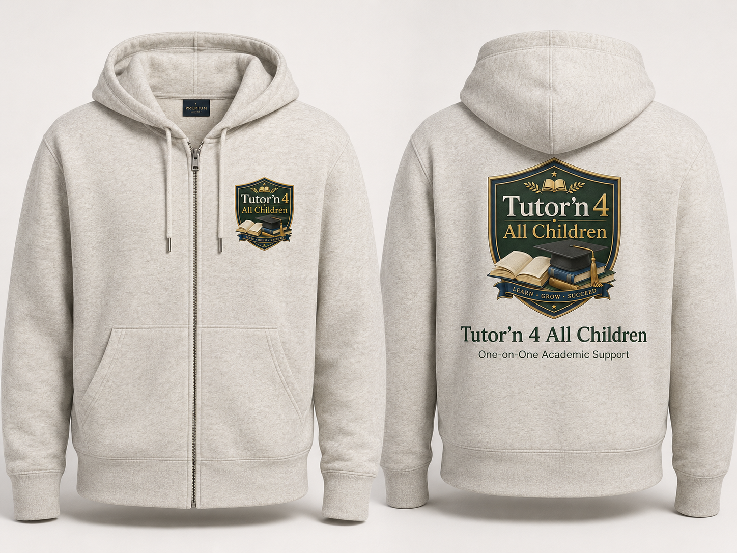 Heather full-zip hoodie with Tutor'n 4 All Children crest